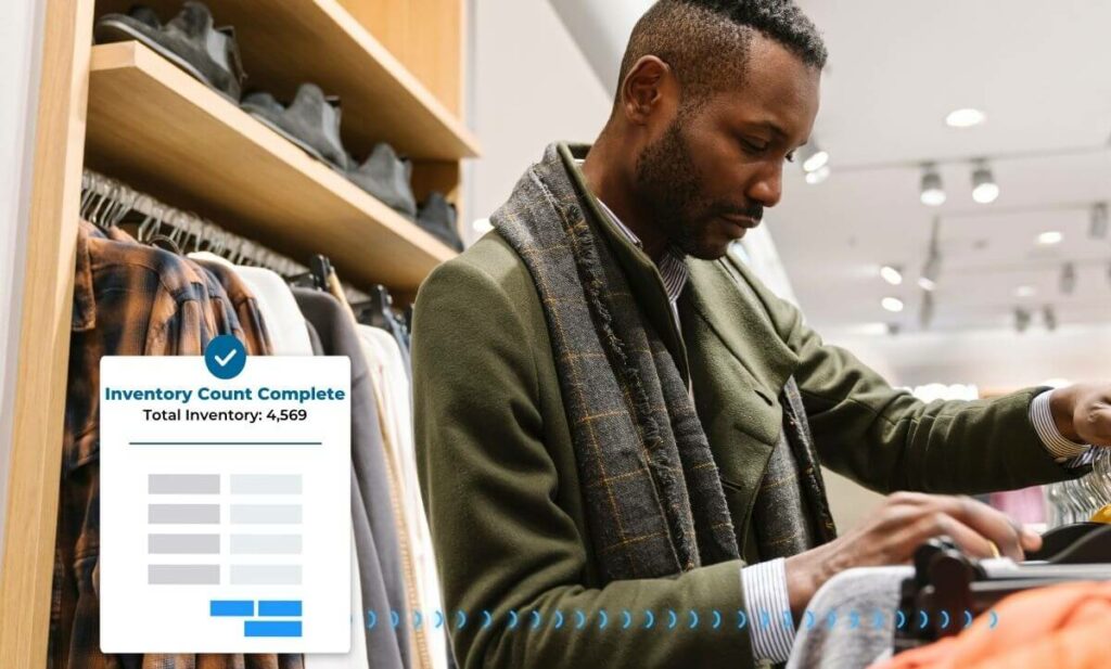 Picture of Shopper looking through clothing and Apptricity Software tracking inventory